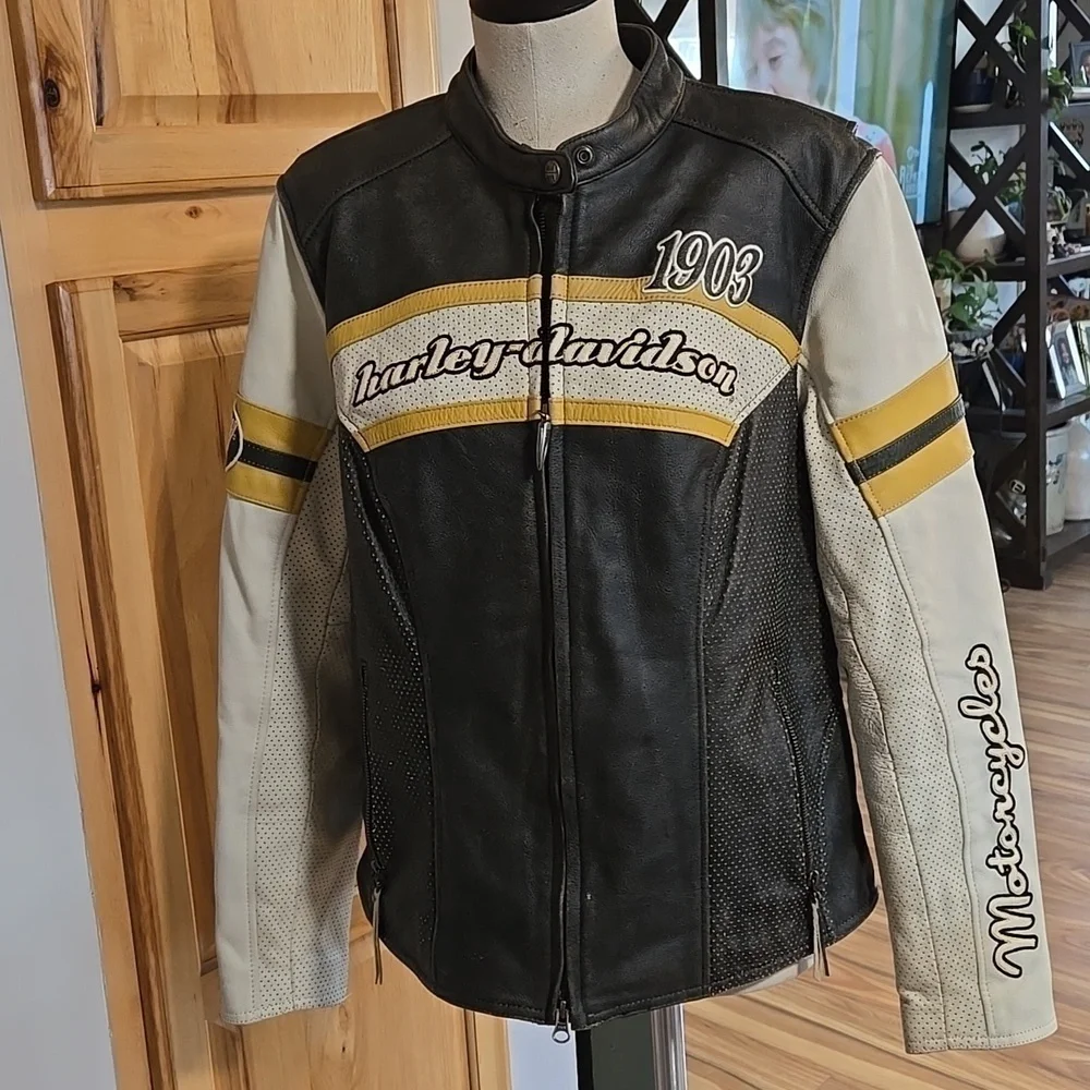 Harley-Davidson Leather Jacket Size 1W Unique Distressed Black Yellow Ivory - Picture 7 of 15